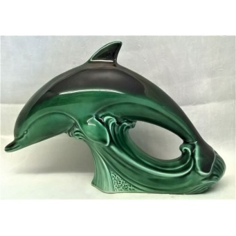 POOLE POTTERY DOLPHIN – MEDIUM 22cm DOLPHIN FIGURE – Poole Studio Factory Trial in Unusual High-Fired Green Lustre Colourway 